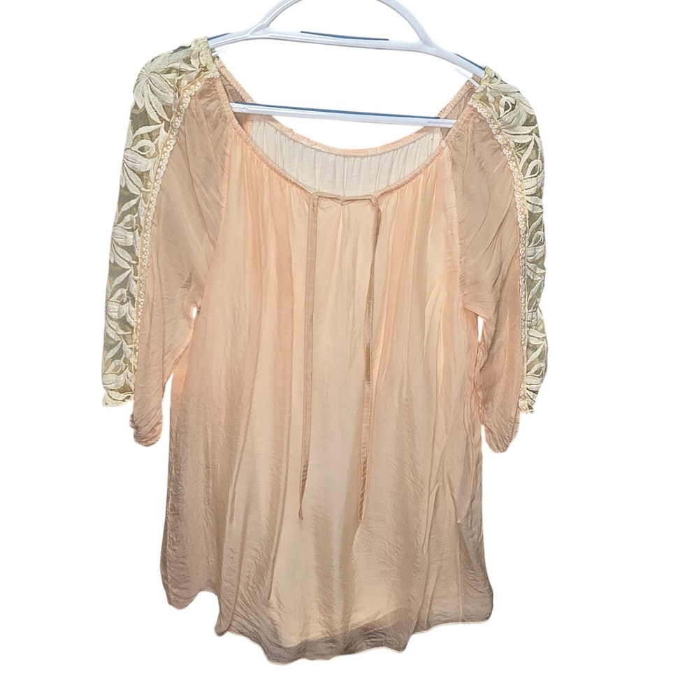 Peach Boho Peasant Blouse Floral Lace Embroidered 3/4 Sleeve Lined Top M/L
